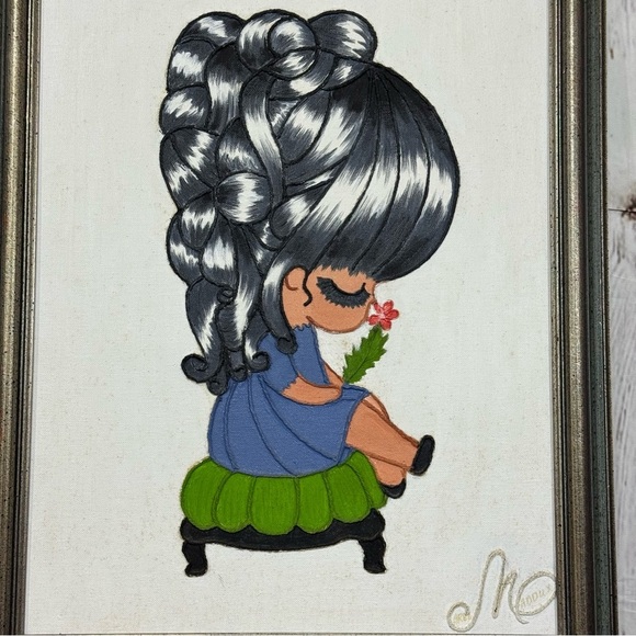 Framed Art Mixed Media Acrylic and Yarn on Canvas 17”x21” Small Painting - Picture 10 of 16